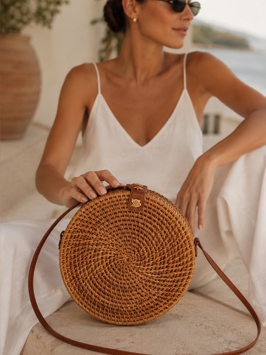 Handmade Handbags - Handwoven Round Rattan Crossbody Bag Floral Fabric Inside Coastal Resortwear